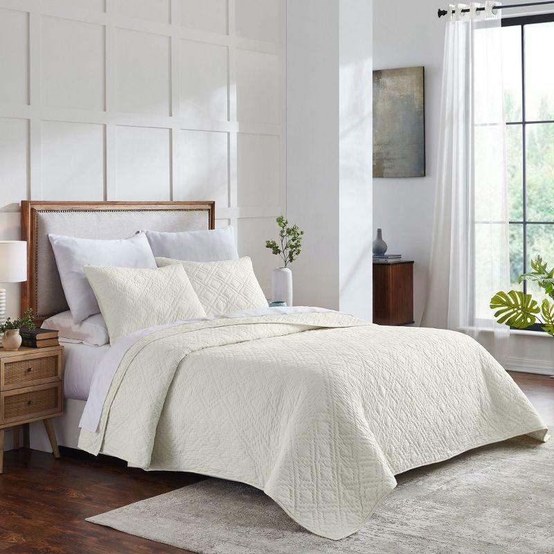 Luxury 100% Cotton Quilt Set, Hand-Quilted, Pre-Softened, Diamond Pattern by California Design Den - Creamy Ivory, King