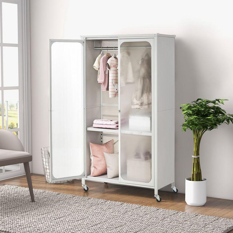 Costway Storage Wardrobe Cabinet Mobile Armoire Closet with Hanging Rod & Adjustable Shelf