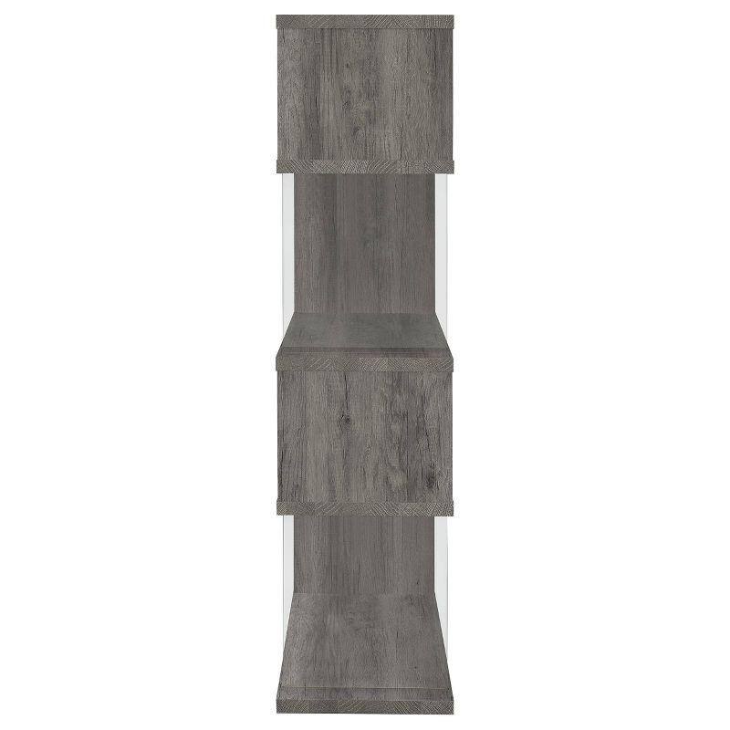 Coaster 63" Emelle 4 Shelf Zig Zag Bookcase with Glass Panels Gray Driftwood: Modern Style, Laminated Melamine Veneer, Metal Hardware