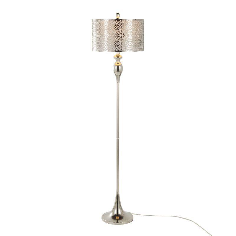 LumiSource Ashland 63" Floor Lamp: Polished Nickel, Laser Cut Metal, White Linen Shade