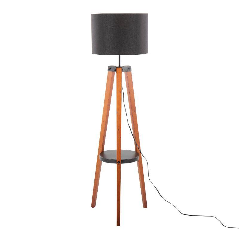 LumiSource Compass Mid-Century Modern Floor Lamp with Shelf in Walnut Wood Black Metal and Black Linen: Angled Legs, UL Listed, 60W