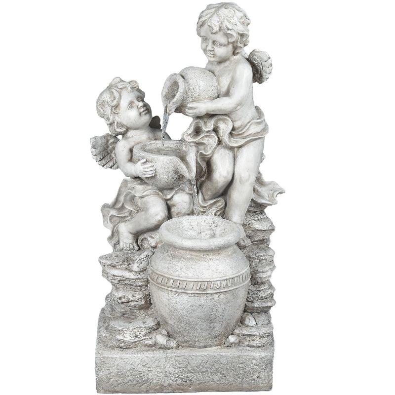 LuxenHome 30” Gray Resin Cherub Angels Outdoor Water Fountain with LED Lights, Garden Fountain Decor for Yard