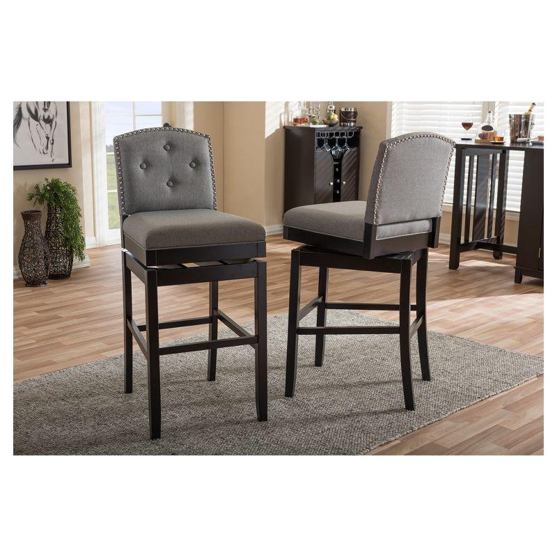 Elegant Gray Fabric Swivel Barstool Set with Button Tufting and Nailhead Trim