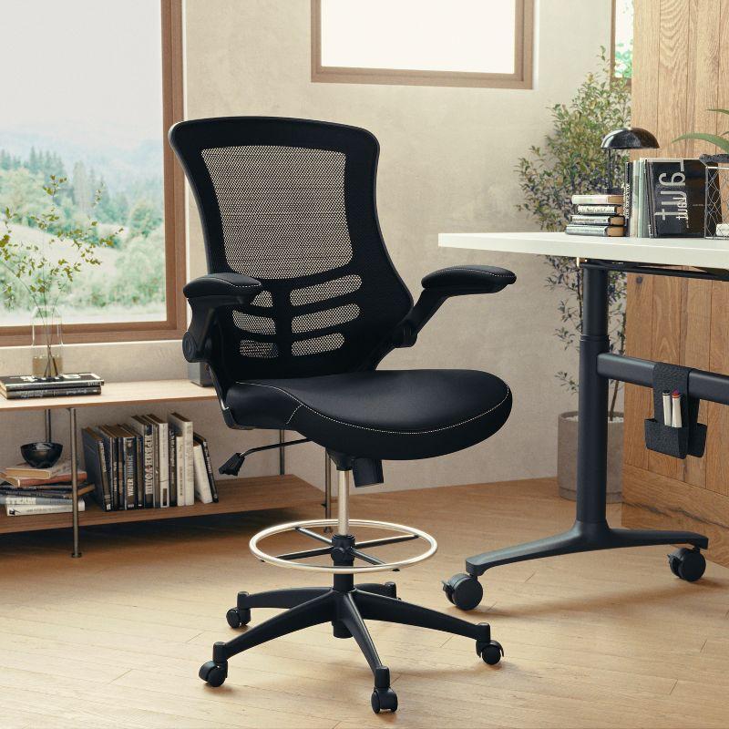 ErgoComfort 51" Black Mesh & Leather Drafting Chair with Adjustable Arms