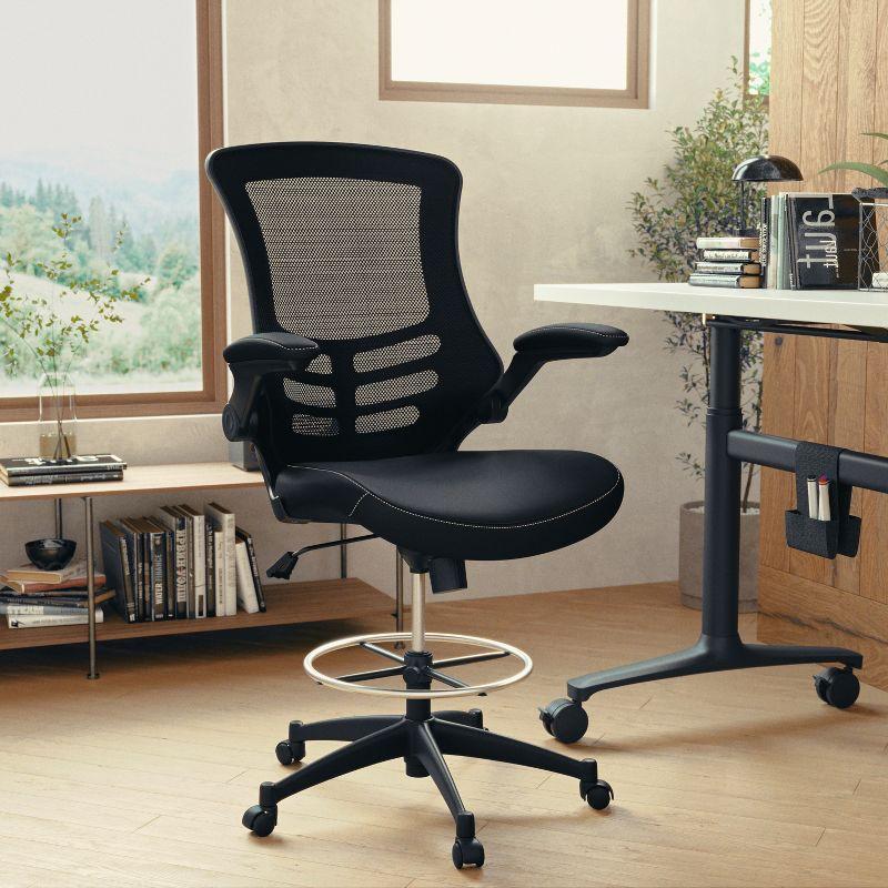 Flash Furniture Kelista Mid-Back Black Mesh Ergonomic Drafting Chair with LeatherSoft Seat, Adjustable Foot Ring and Flip-Up Arms