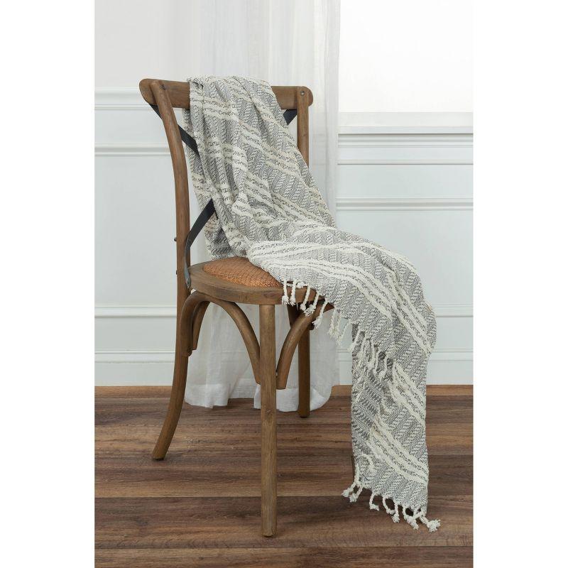 Gray and White Cotton Striped Throw Blanket with Tassels