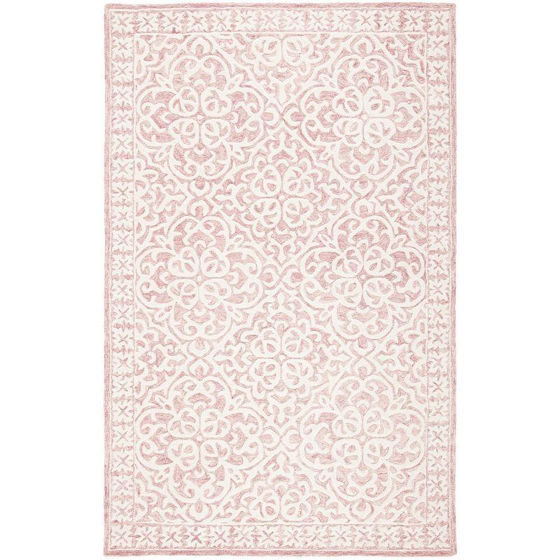 Handmade Pink and Ivory Floral Wool Tufted Rug, 4' x 6'