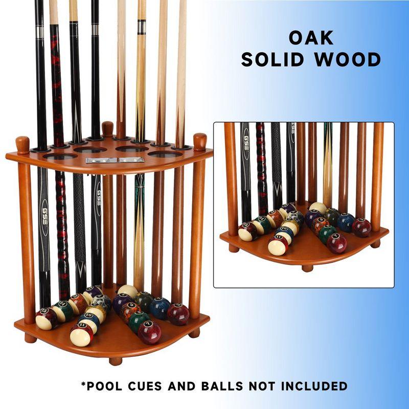 GSE Wooden Corner-Style Floor Stand Billiard Pool Cue Rack with Score Counters, Holds 8 Pool Cue Stick and Full Set of Pool Balls