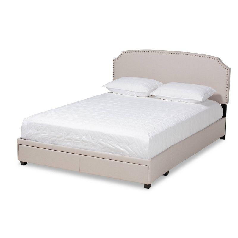 Queen Beige Upholstered Platform Bed with Storage Drawers