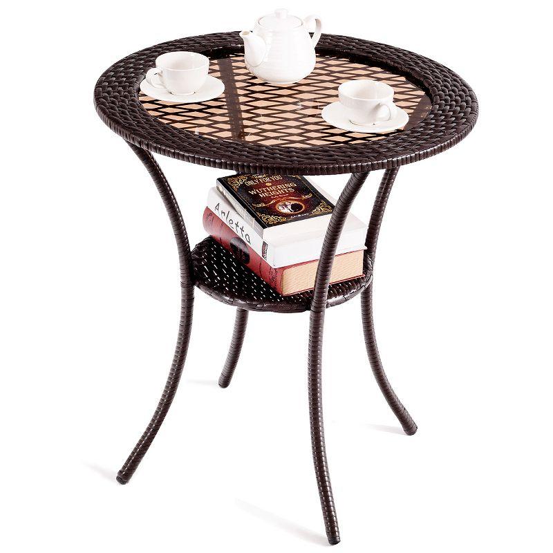 Tangkula Outdoor Round Rattan Wicker Coffee Table Steel Frame Glass Top