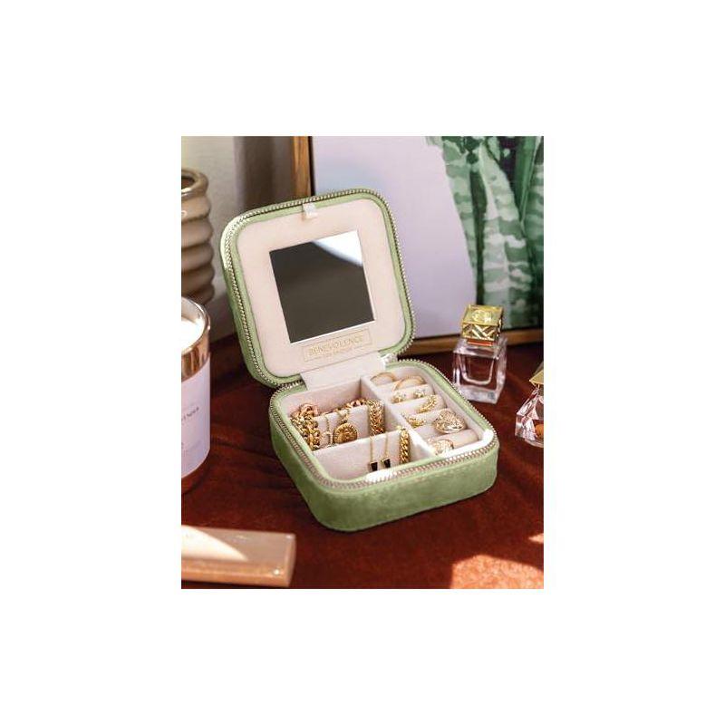 Benevolence LA Plush Velvet Square Travel Jewelry Box with Mirror- Mistletoe Green