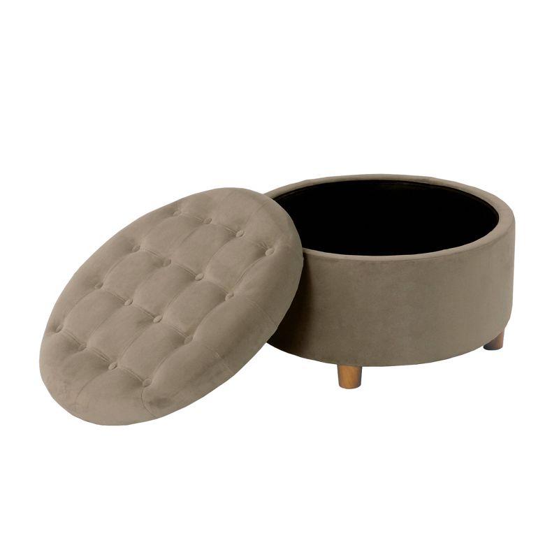 Tufted Round Storage Ottoman Fawn Velvet - HomePop: Lift-Off Lid, Honey Oak Legs, 250lb Capacity