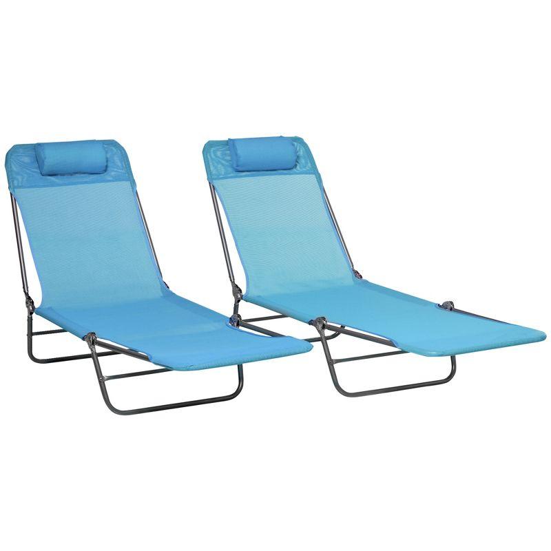 Outsunny Folding Chaise Lounge Pool Chairs, Set of 2 Outdoor Sun Tanning Chairs with Pillow, Five-Position Reclining Back for Beach, Blue