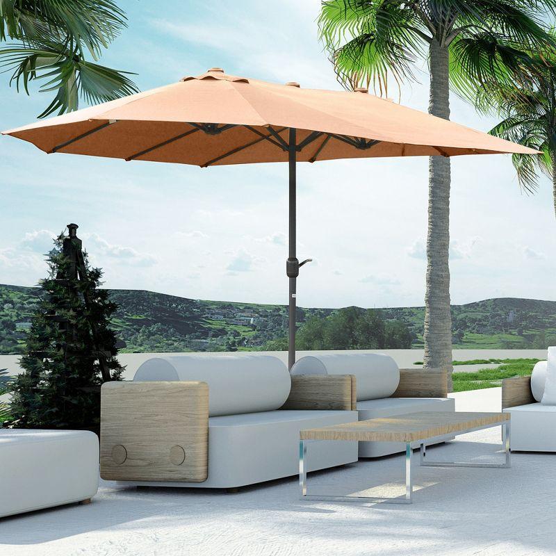 Outsunny Patio Umbrella 15' Steel Rectangular Outdoor Double Sided Market with base, Sun Protection & Easy Crank for Deck Pool Patio, Coffee