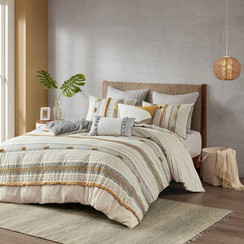 Ink+Ivy 3pc Full/Queen Cody Cotton Duvet Cover Set Yellow/Gray: Woven Stripe, Oeko-Tex Certified, Hidden Button Closure