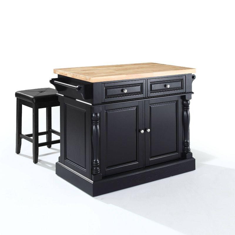 Oxford Black Butcher Block Kitchen Island with Cushioned Stools