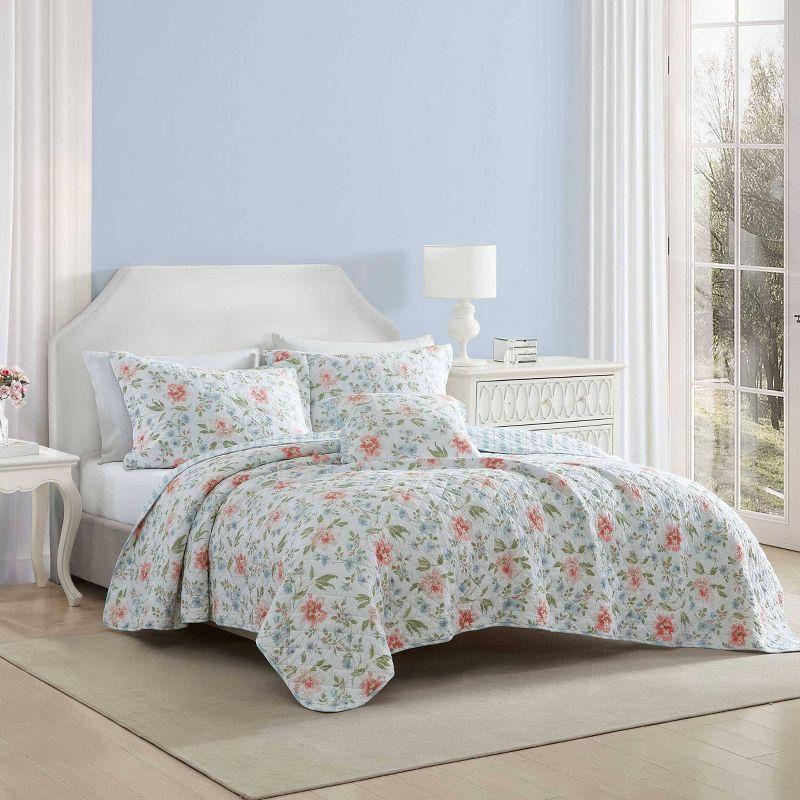 Laura Ashley King Emilie Pink Quilt Bonus Set Pink: Floral Pattern, Includes Decorative Pillow & Shams