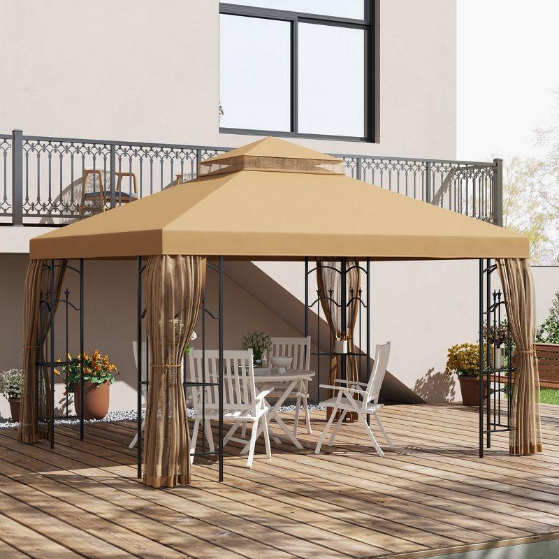 Outsunny Brown Steel Outdoor Patio Gazebo with Mesh Curtains and Shelves