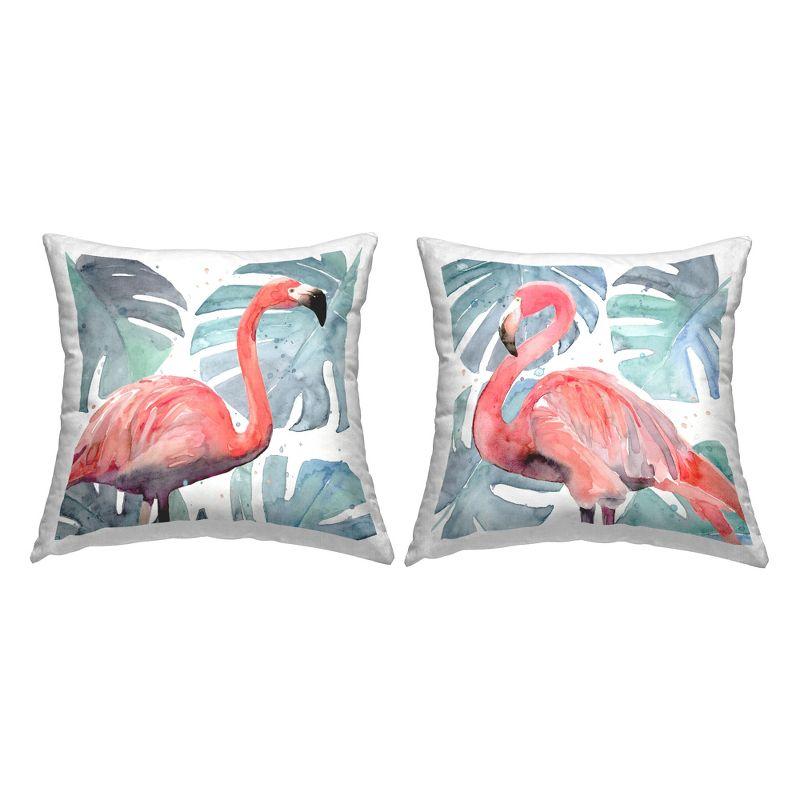 Tropical Pink Flamingo and Green Monstera Leaves Square Pillow Set