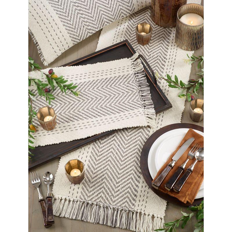 Gray Cotton Table Runner with Fringe and Stitching