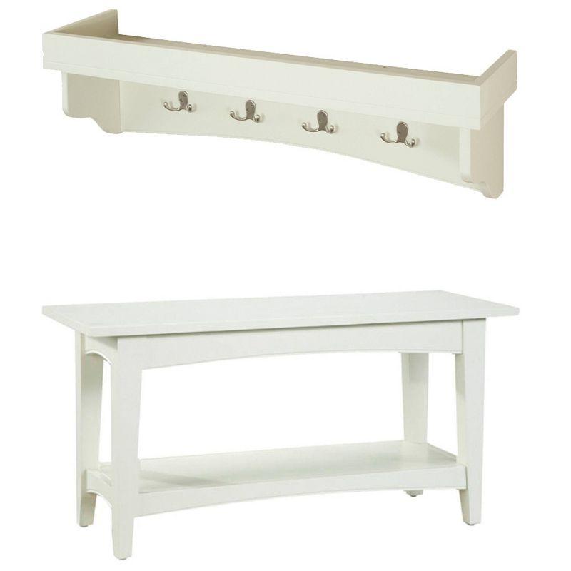 Ivory Shaker Cottage Bench with Tray Shelf and Coat Hooks Set