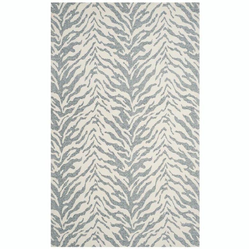 Blue and Ivory Rectangular Wool Chenille Rug, 5' x 8'