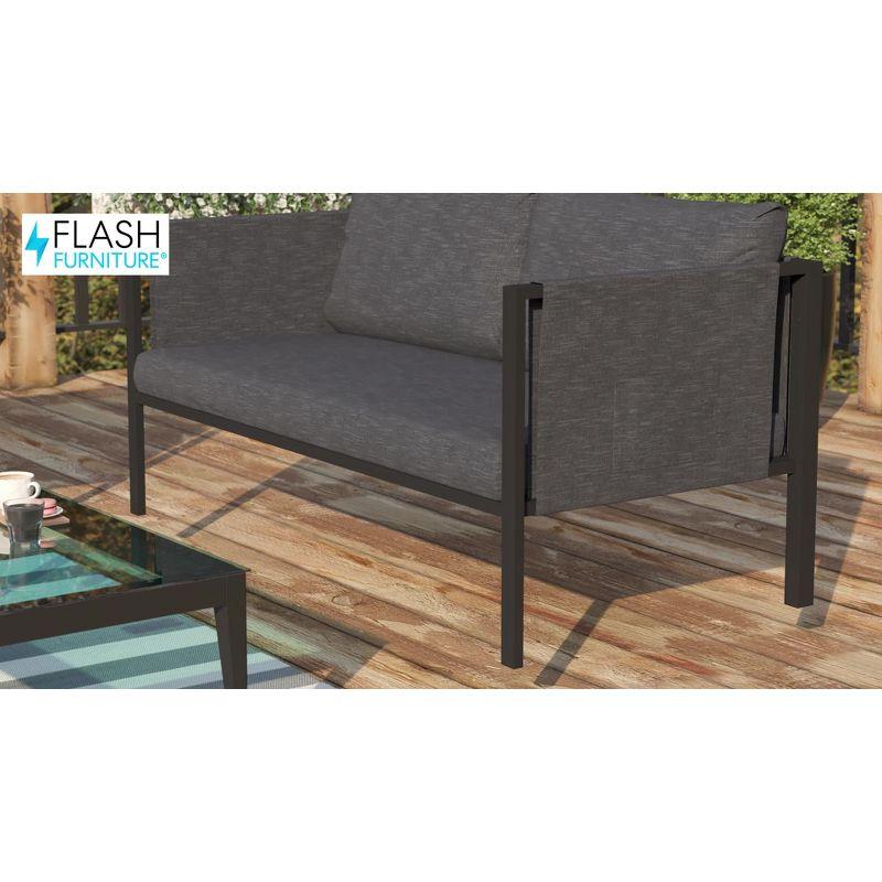 Flash Furniture Lea Indoor/Outdoor Loveseat with Cushions - Modern Steel Framed Chair with Storage Pockets, Black with Charcoal Cushions