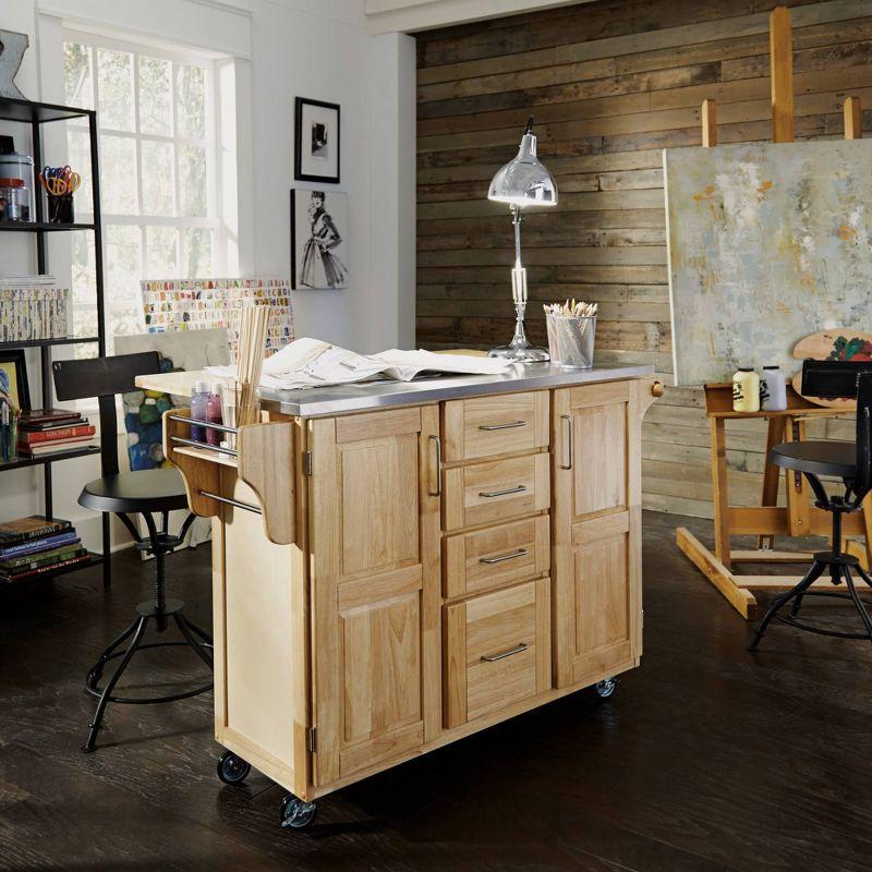 Breakfast Bar Kitchen Cart Natural with Stainless Steel Top - Home Styles: Rolling Island, Storage, Modern Design