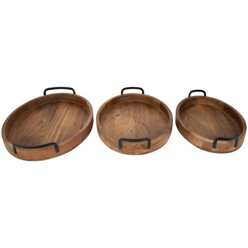 Set of 3 Acacia Wood Trays with Metal Handles