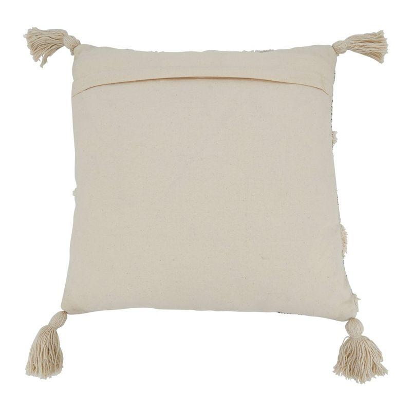 Natural Tufted Block Print Cotton Square Pillow with Tassels