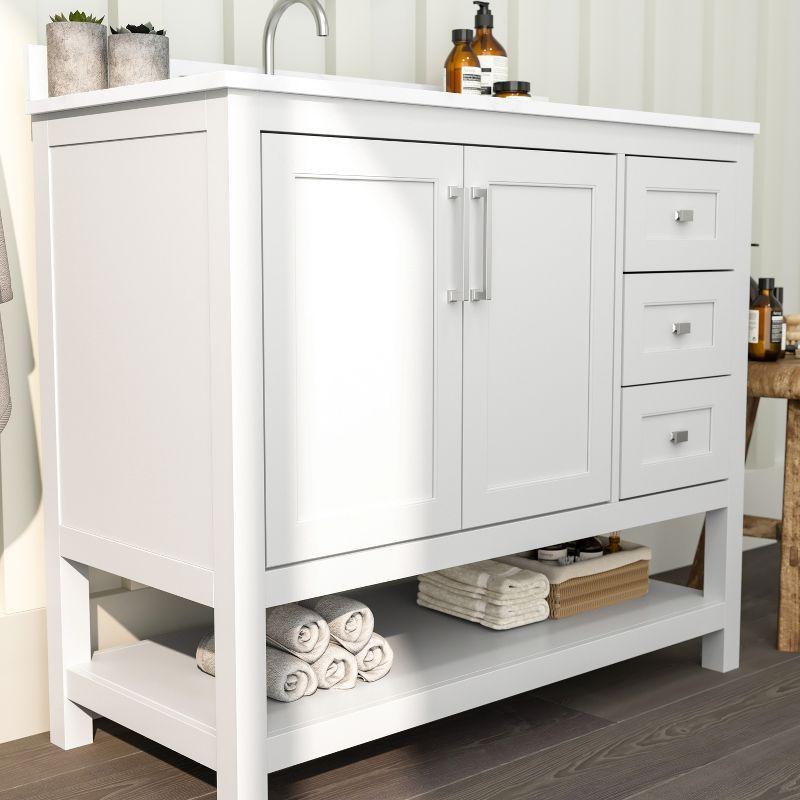 Merrick Lane Bathroom Vanity with Ceramic Sink, Carrara Marble Finish Countertop, Storage Cabinet with Soft Close Doors, Open Shelf and 3 Drawers