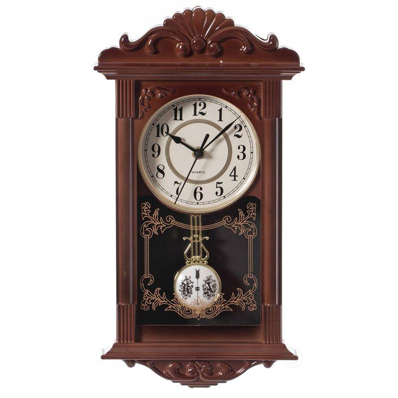 Clockswise Vintage Grandfather Wood-Looking Plastic Pendulum Decorative Battery-Operated Wall Clock, for Home Decor, Brown