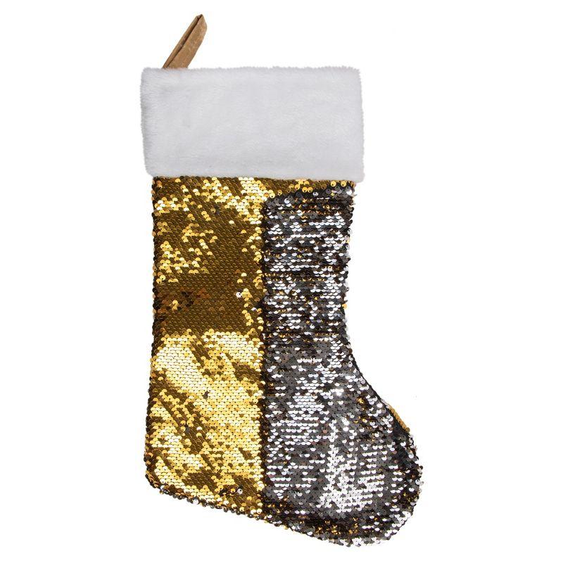 Northlight 19" Gold and Silver Sequin Christmas Stocking With White Faux Fur Cuff