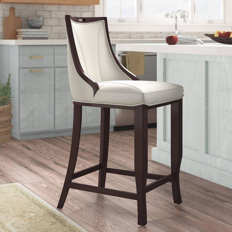 Elegant Pearl White Leather & Walnut Wood Barstool