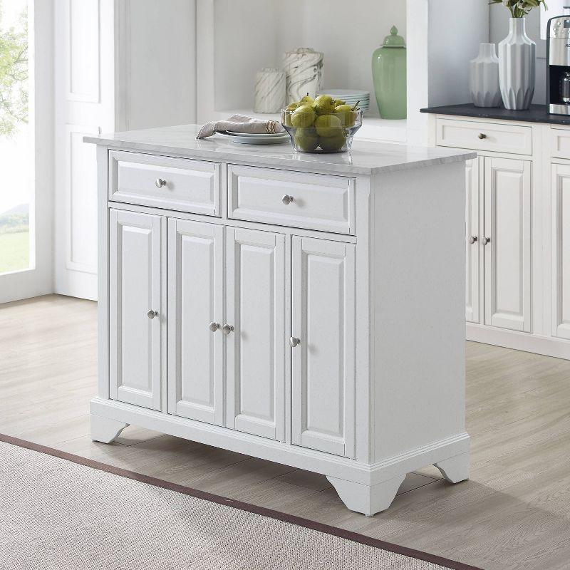 Avery Kitchen Island/Cart Distressed White/White Marble - Crosley: Adjustable Shelves, Particle Board Frame, 6 Shelves, 2 Drawers