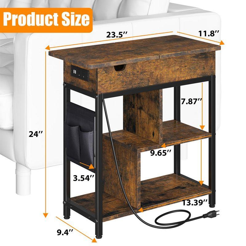 End Table with Charging Station, Narrow Side Table Nightstand with Outlets USB Ports and Storage