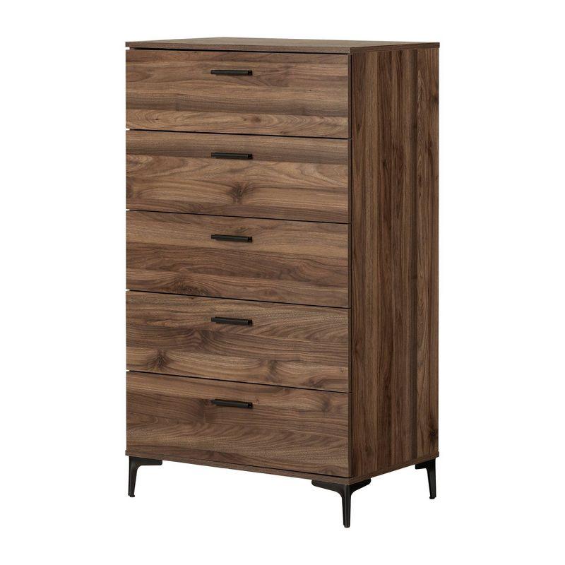 Natural Walnut Vertical 5-Drawer Chest with Metal Legs