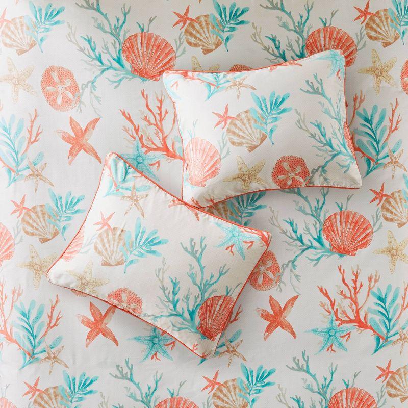 Coral and Teal Coastal Cotton Duvet Cover Set, Full/Queen, 6 Pieces