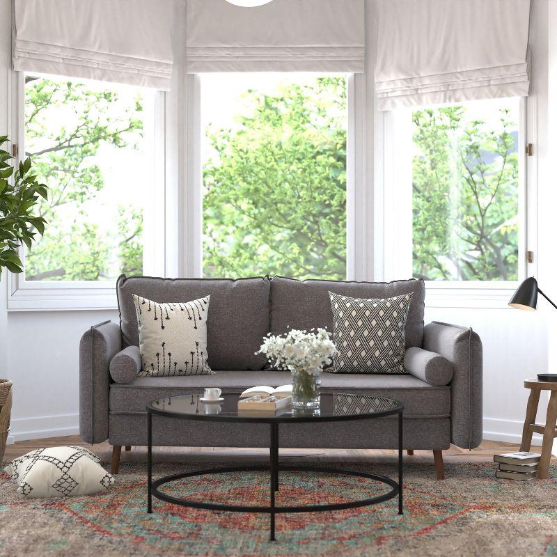 Flash Furniture Evie Mid-Century Modern Sofa with Faux Linen Fabric Upholstery & Solid Wood Legs in Stone Gray