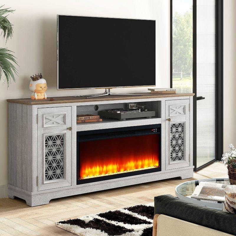 Festivo Farmhouse 70" TV Stand for TVs up to 80" with Fireplace Saw Cut Off White