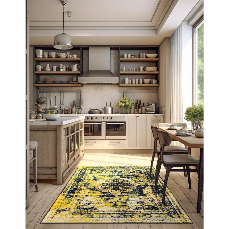 Reversible Navy Blue and Yellow Synthetic Area Rug 4'x6'