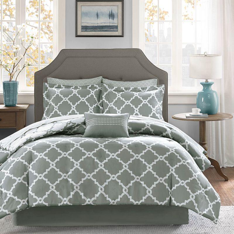 Gray Full Cotton Reversible Comforter Set with Fretwork Design