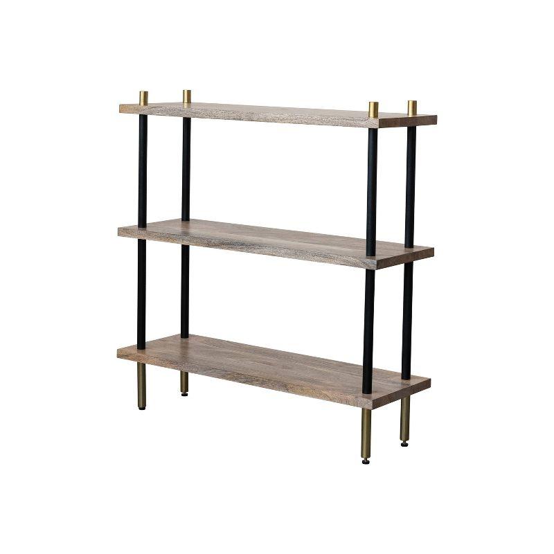 Black Mango Wood and Metal 3-Tier Shelf with Brass Finish Legs