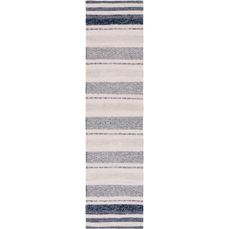 Ivory and Navy Striped Kilim Flat Woven Wool Rug