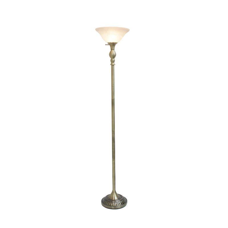 Antique Brass Torchiere Floor Lamp with Marbleized Glass Shade