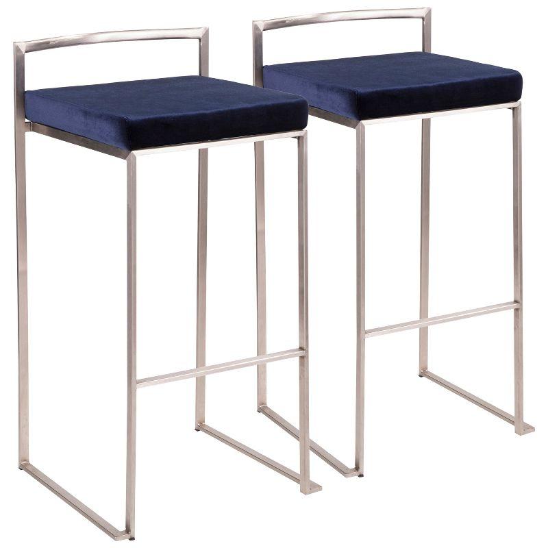 Set of 2 30" Fuji Contemporary Stackable Barstools Stainless Steel Blue Velvet - LumiSource: Kitchen, Low Back
