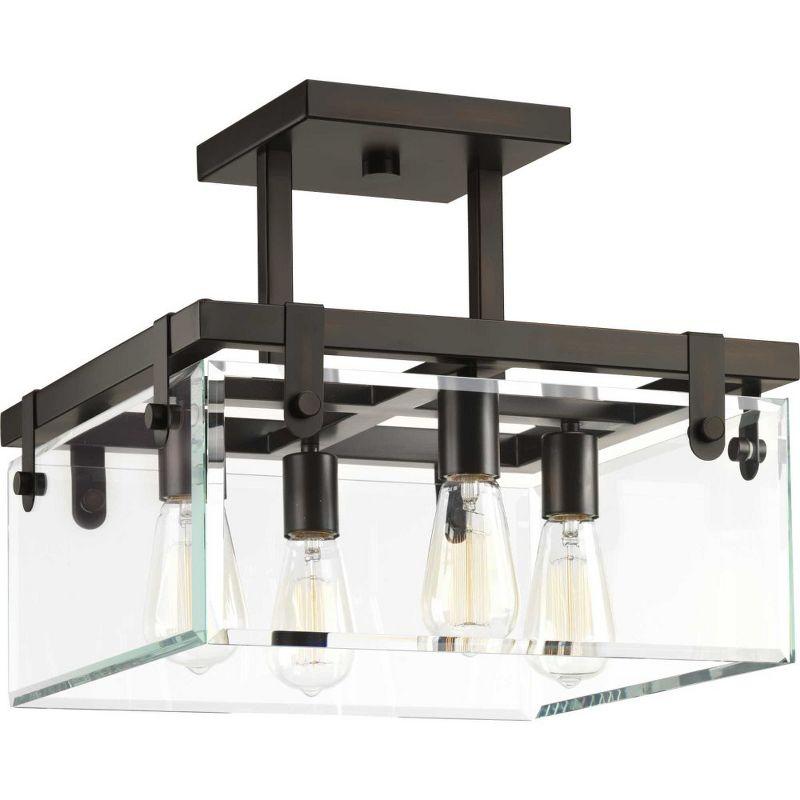 Elegant Brushed Nickel & Bronze Beveled Glass Semi-Flush Light Fixture