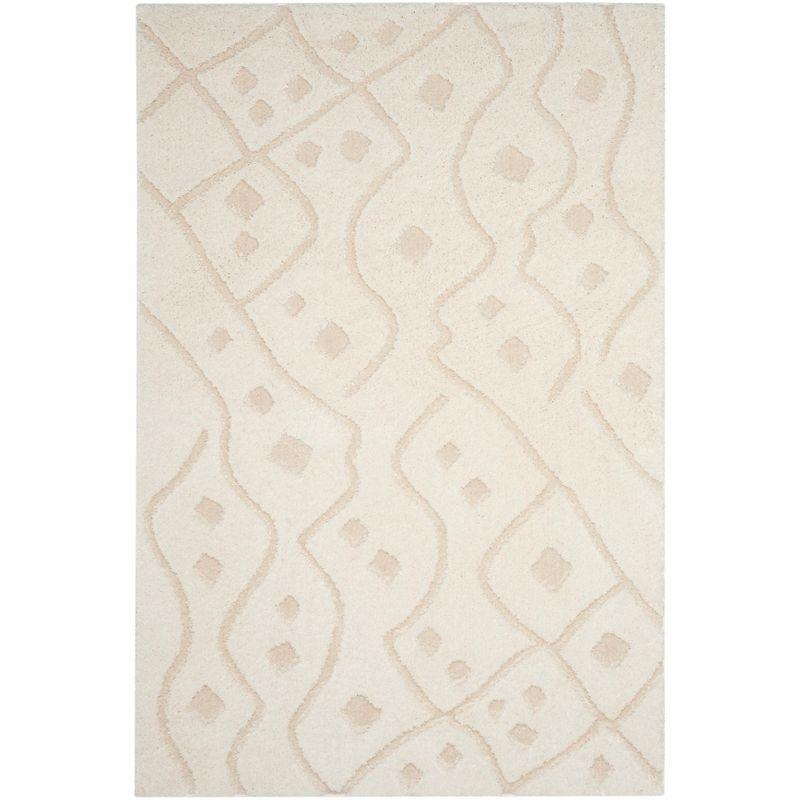 Ivory Geometric Hand-Knotted Shag Runner Rug