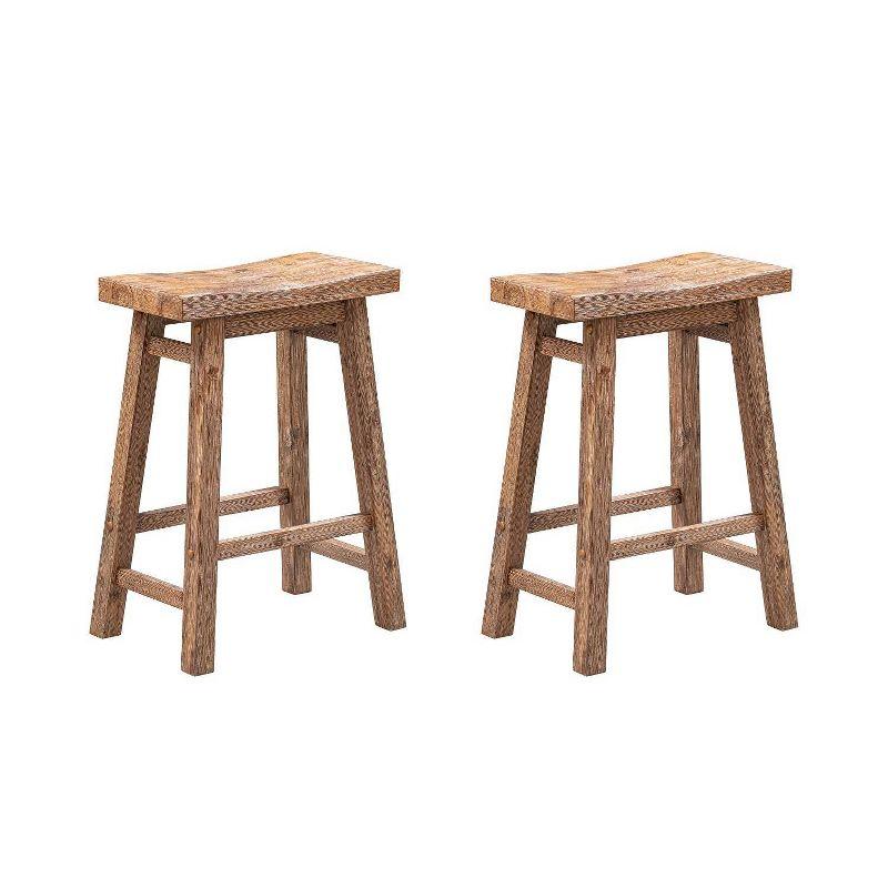 Rustic Acacia Wood Saddle Counter Stools, Barnwood Wire-Brush - Set of 2