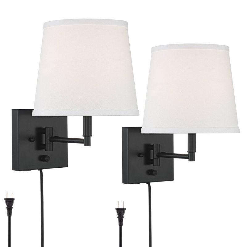 360 Lighting Lanett Modern Swing Arm Wall Lamps Set of 2 Black Plug-in Light Fixture with USB Charging Port White Lamp Shade for Bedroom Living Room